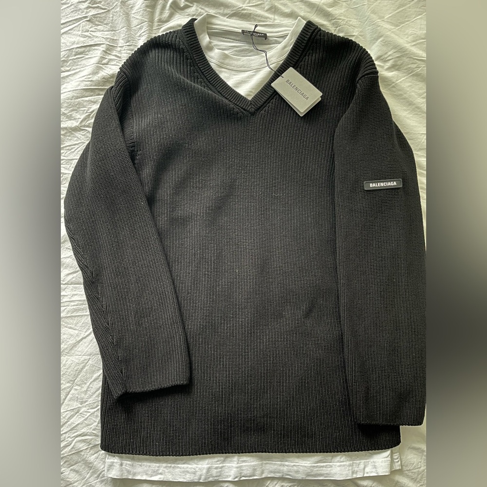 Balenciaga Black Ribbed Sweater with White T-shirt in size 2